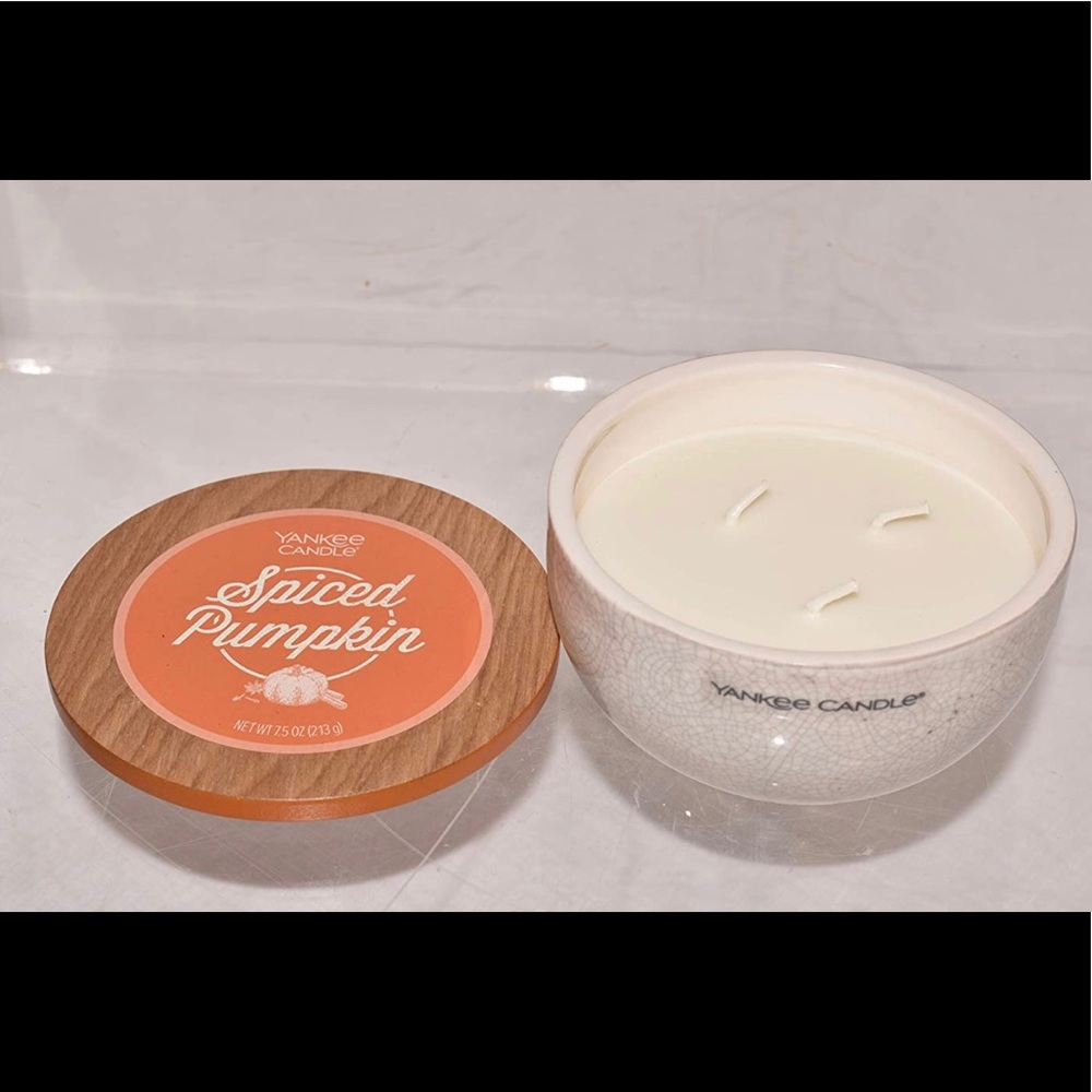 New Yankee Candle Spiced Pumpkin Reusable Ceramic Bowl Candle Wood Lid 3 Wick